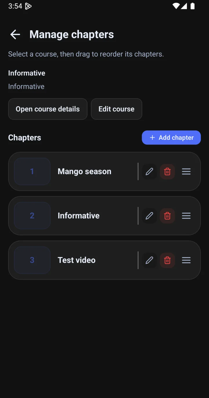 Admin tools to add, edit, delete and reorder course chapters