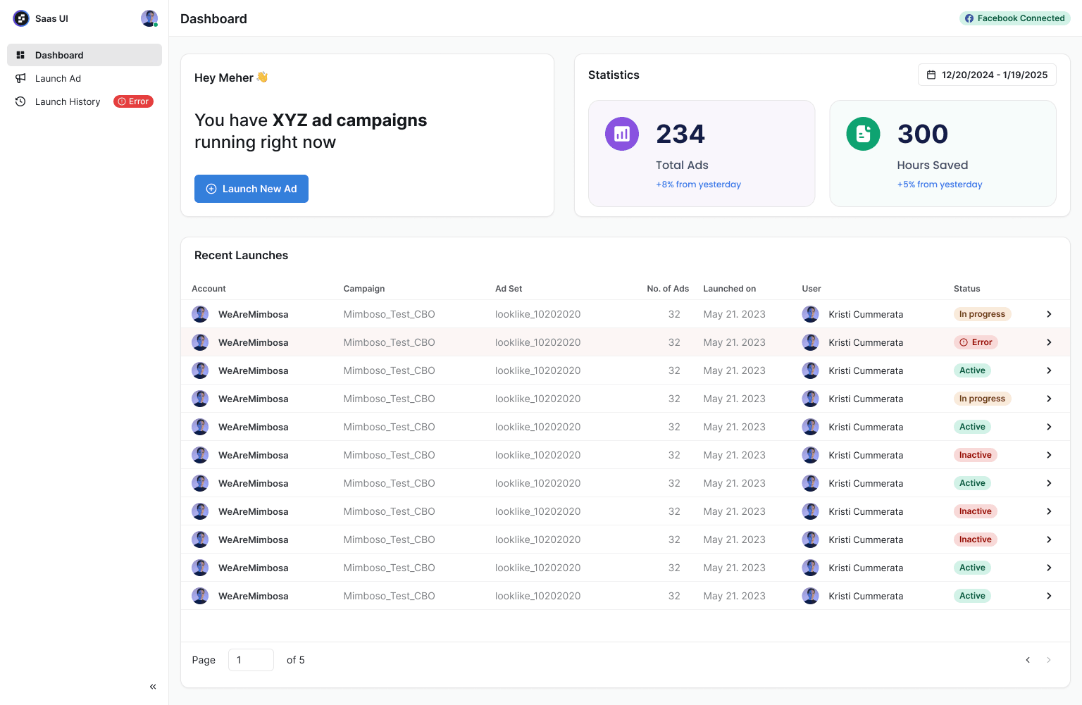 Soma AI dashboard with activity statistics and recent ad launches