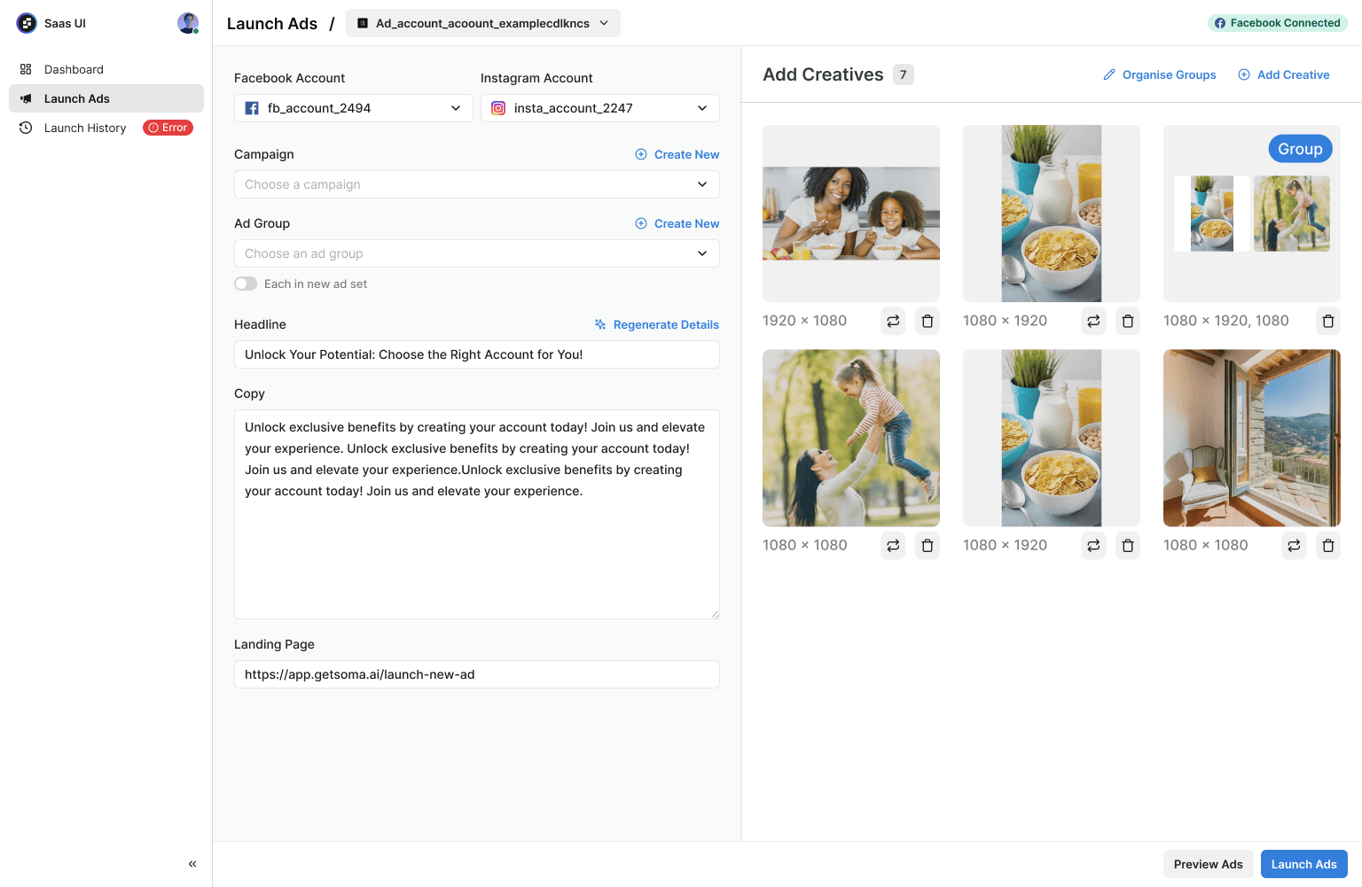 Soma AI workspace for preparing ad copy and organising creative assets
