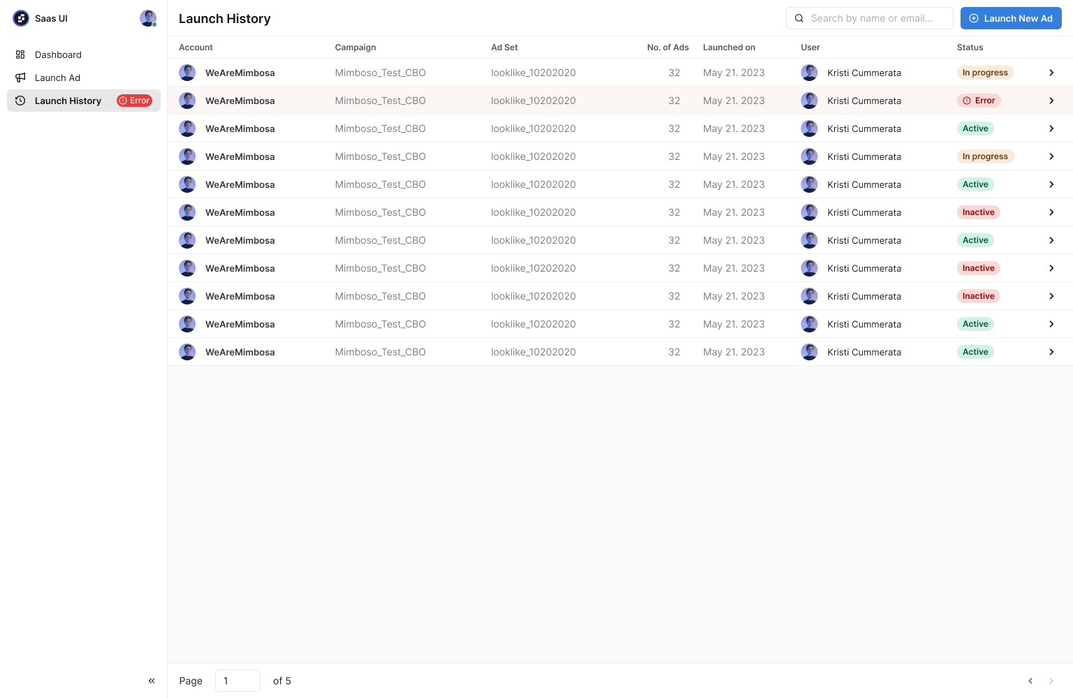 Soma AI launch history listing accounts, campaigns, ad sets, and statuses