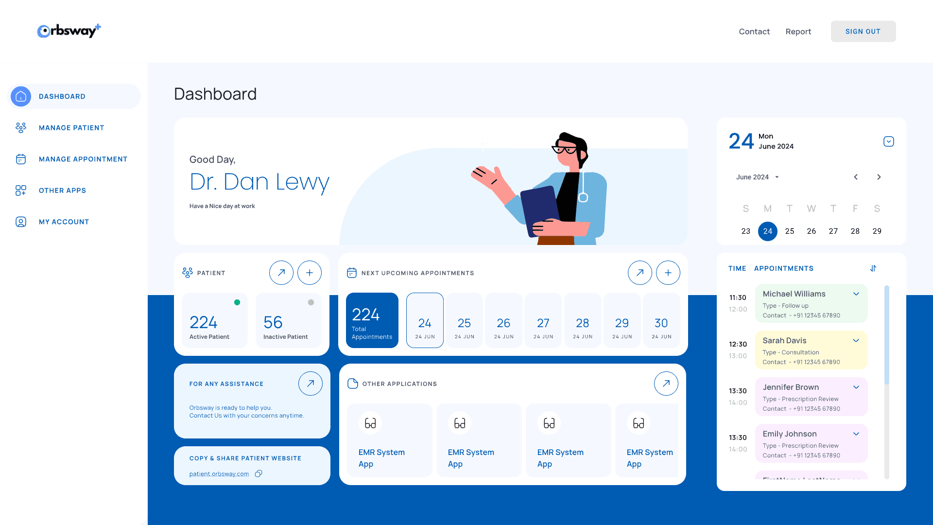 The doctor’s dashboard: active and inactive patients, upcoming appointments by day, other apps, and the day’s schedule beside a calendar.