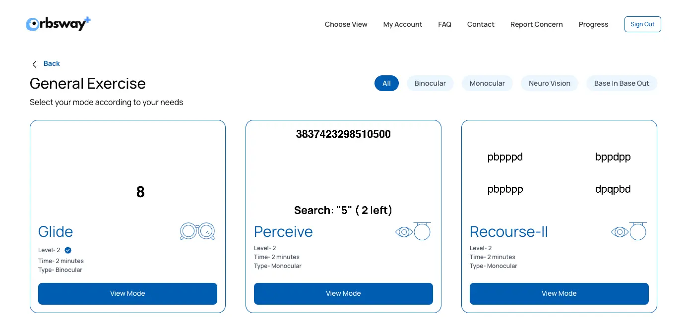 Orbsway’s General Exercise page: mode filters and three exercise cards, Glide, Perceive and Recourse-II, each with its level, time and type.