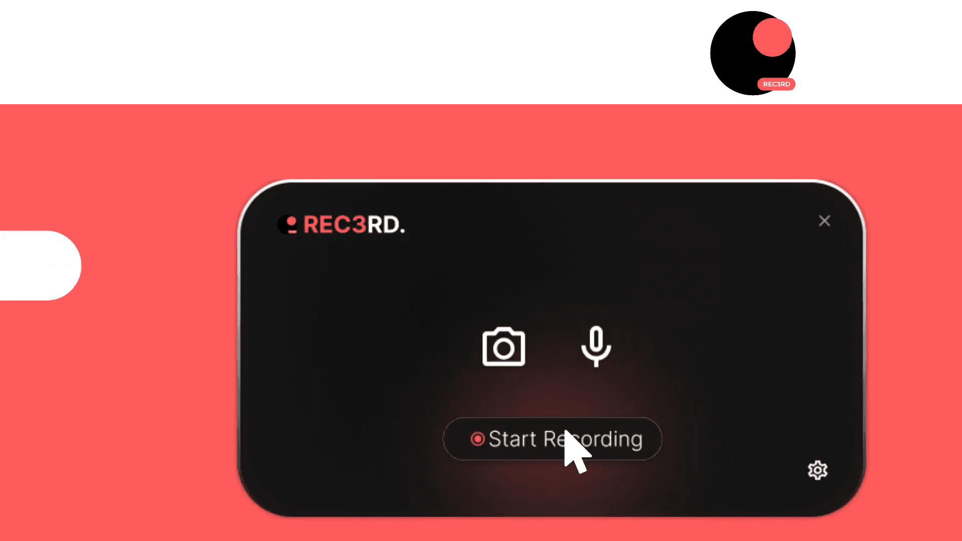 Rec3rd’s recording panel open in the browser, with camera and microphone buttons and the cursor on Start Recording.