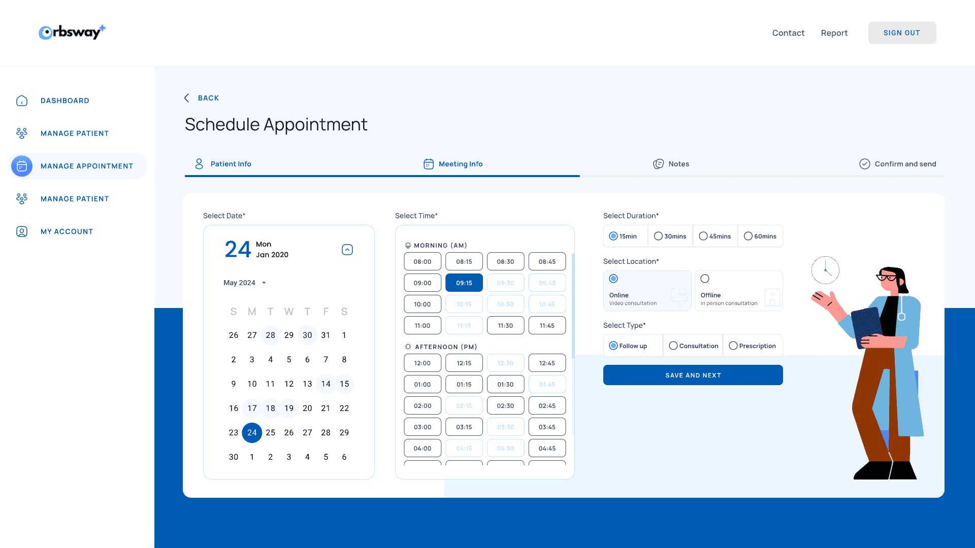 Schedule Appointment: a date picker, morning and afternoon time slots, duration, online or offline, and the type of visit.